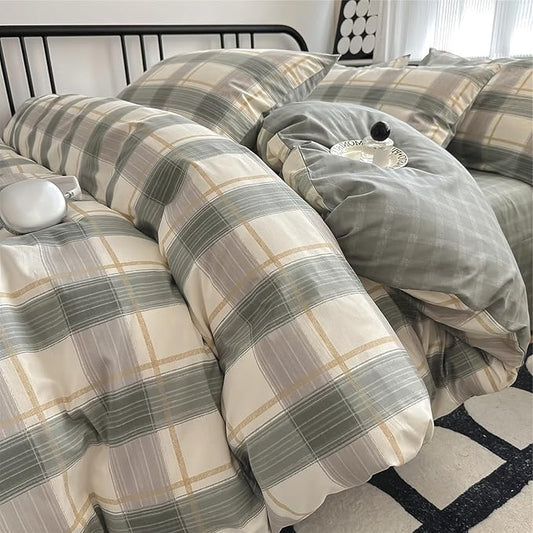 VM VOUGEMARKET Green Plaid Duvet Cover Sets Queen,3 Pieces Gingham Comforter Cover with Zipper Closure & Corner Ties for Men Boys Simple Modern Bedding Set (90"x90")