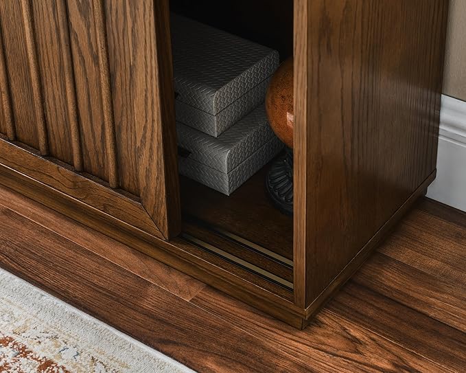 LKTART Mid Century Modern Sideboard Buffet Cabinet with 2 Fluted Sliding Door,Small Storage Cabinet with Outlet Holes for Living Room, Kitchen, Entryway, Hallway 32" Walnut