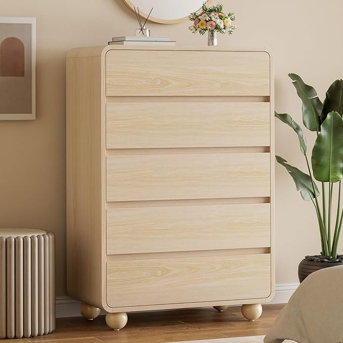 Lulive Wood Dresser for Bedroom, 41” Tall Chest of Drawers with 5 Drawers, Modern Closet Storage Drawer with Curved Profile Design for Living Room, Hallway, Entryway, Natural
