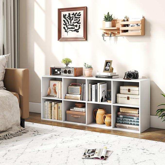 Tangkula 8-Cube Bookcase, Large Floor Standing Horizontal Bookshelf with 8 Open Shelves & 2 Anti-Tipping Kits, Home Office Wooden Storage Book Shelf for Living Room, Study (White, 8-Cube)