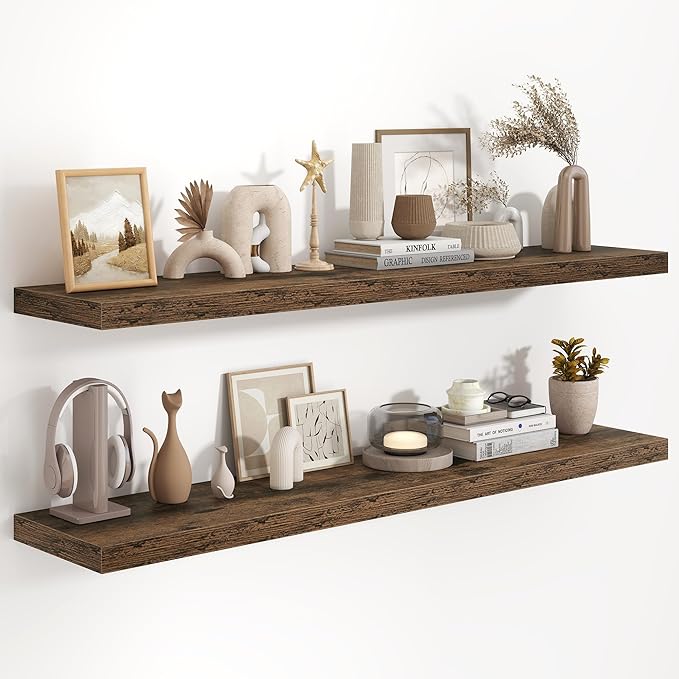 55"W x 9.3"D Floating Shelves for Wall, Wall Mounted Bathroom Shelves 2 Pack Deep Floating Shelf for Bedroom Kitchen Living Room, Rustic Wooden Wall Shelf with Invisible Bracket for Books Decor