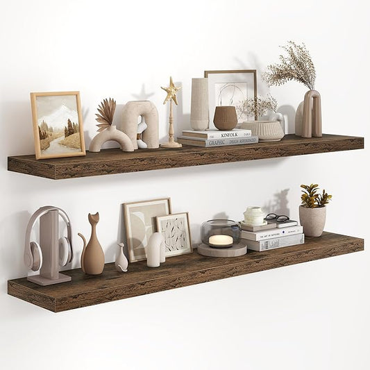 55"W x 9.3"D Floating Shelves for Wall, Wall Mounted Bathroom Shelves 2 Pack Deep Floating Shelf for Bedroom Kitchen Living Room, Rustic Wooden Wall Shelf with Invisible Bracket for Books Decor