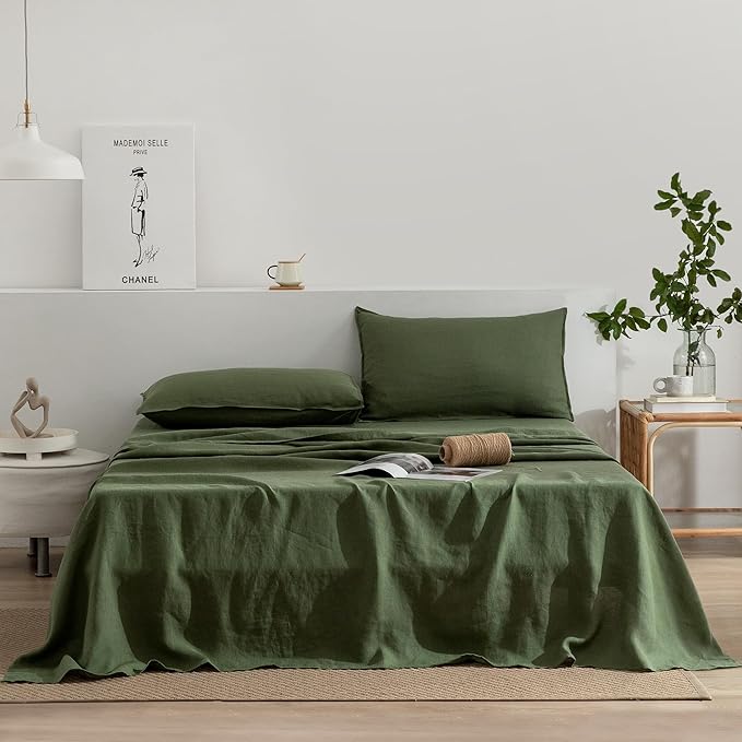 EVERLY Linen California King Size Sheets Set, 100% Stonewashed French Linen Bed Sheets Deep Pocket Sheets, 4 Pieces (1 Flat Sheet, 1 Fitted Sheet, 2 Pillowcases) Natural Flax Bedding Set-Mossy Green