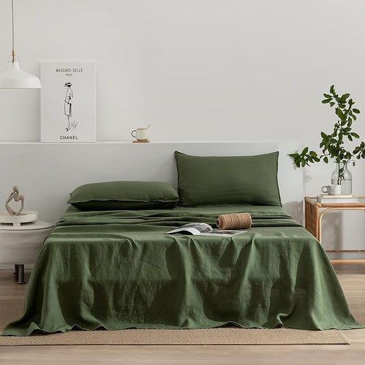 EVERLY Linen Sheets Set King Size,100% French Stonewash Pure Linen Bed Sheets,4Pieces (1Flat Sheet,1Fitted Sheet,2Pillowcase) Suitable for Hot Sleepers,Deep Pocket Natural Bedding Set-Mossy Green