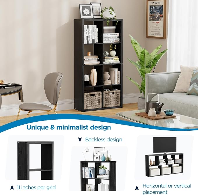 Black 8-Cube Storage Organizer Shelf – Heavy-Duty Engineered Wood, Easy Assembly, 25.12" L x 9.37" W x 48.74" H, for Living Room, Bedroom & Office