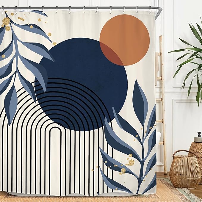 Miyotaa Abstract Navy Blue Shower Curtain Set 60Wx71H Inches Minimalist Aesthetic Modern Contemporary Plant Leaves Neutral Polyester Waterproof Cloth Bathroom Curtain with 12 Hooks