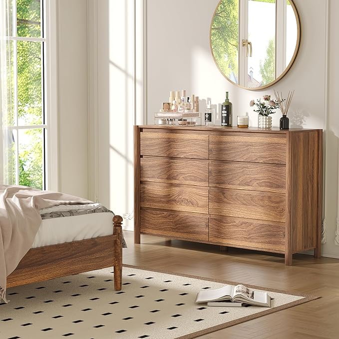 CHUWELL Dresser for Bedroom，55" Wide Mid Century Chest of Drawers with 8 Large Storage Space and 4 Solid Wood Cylindrical Legs,8 Drawer Large Dresser for Bedroom(Walnut)