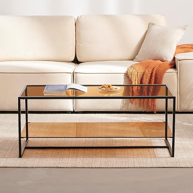 Shrine Brown Glass Coffee Table, Modern Design, Dual-Layer Coffee Table for Living Room, Black-Plated Metal Frame, Brown Glass Top