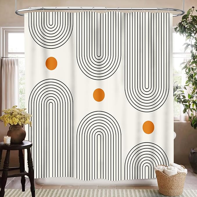 Mid Century Boho Shower Curtain for Bathroom, Retro Modern Minimalist Simple Sun Abstract Geometric Pattern 1950s 1960s Waterproof Fabric Shower Curtain Set with Hooks, 72"x84"