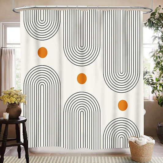 Mid Century Boho Shower Curtain for Bathroom, Retro Modern Minimalist Simple Sun Abstract Geometric Pattern 1950s 1960s Waterproof Fabric Shower Curtain Set with Hooks, 72"x84"