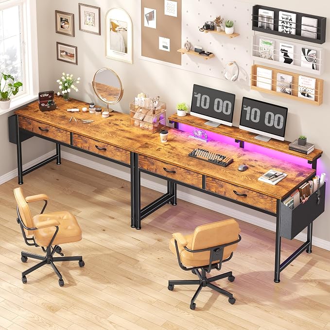 DurayLoly 47.3Inch Office Computer Desk with LED Lights & 2 Fabric Drawers, Gaming Desk with Side Pocket & Ergonomic Monitor Stand, Small Space Study Writing Table with Anti-Tip Design, Rustic Brown