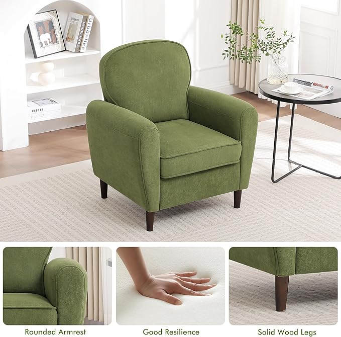 Accent Chair, Mid Century Modern Arm Chair with Thick Cushion and Back, Comfy Upholstered Reading Chair Single Sofa Chair for Living Room, Bedroom, Club, Green