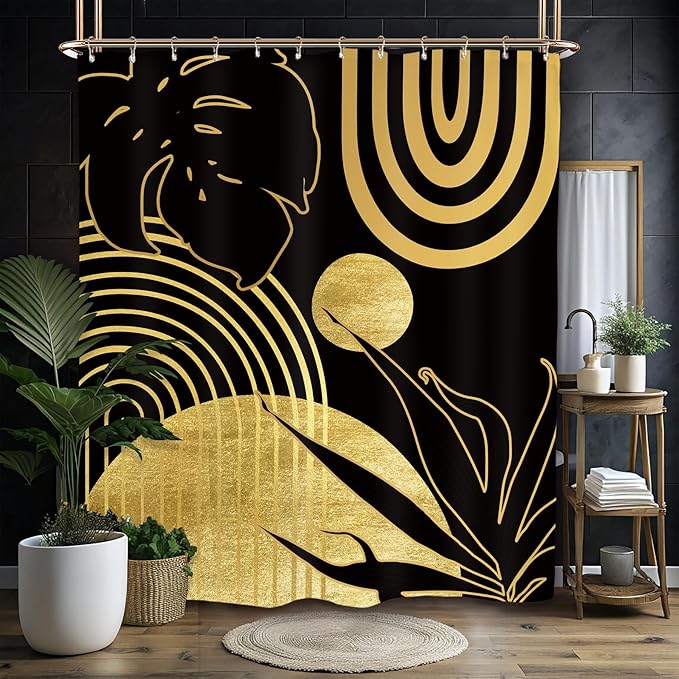 Miyotaa Abstract Black Gold Minimalist Shower Curtain Set 60Wx71H Inches Modern Aesthetic Mid Century Leaves Contemporary Neutral Plant Waterproof Bathroom Curtain with 12 Hooks