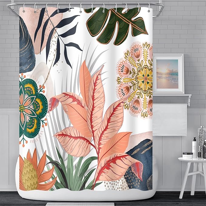 Abstract Mid Century Bathroom Shower Curtain - Colorful Boho Tropical Leaves With Hooks, Polyester Waterproof Fabric, Home Bathtub Decorative, 72x78 Inch