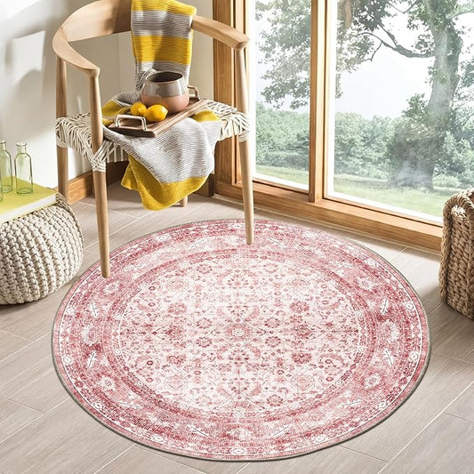 OPPODREAM Vintage Pink Round Rug 4ft, 4 ft Retro Washable Circle Rug Non Slip, Low-Pile Faux Wool Circular Carpet, Distressed Floor Mat for Living Room, Bedroom, Office, Dorm, Dinning Room