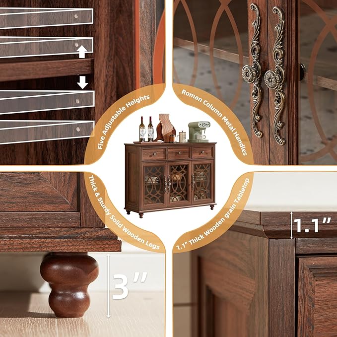 Farmhouse Sideboard Buffet Cabinet Set of 2 with Storage,48" Large Credenza with 3 Glass Doors & 3 Drawers,Adjustable Shelves Console Table,Wood Kitchen Coffee Bar for Dining Room,Brown