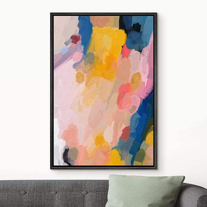 MUDECOR Framed Canvas Print Wall Art Pastel Blue, Orange & Pink Paint Strokes Abstract Shapes Watercolor Modern Art Contemporary Multicolor Ultra for Living Room, Bedroom, Office - 16"x24" Black