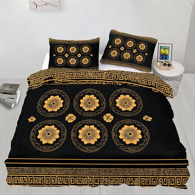 Blossoms Floral Duvet Cover Queen Size, Vintage Greek Key Meander Bedding Set 3 Piece, Luxury Black Gold Patterned Comforter Cover with Zipper Soft Microfiber, 2 Pillowcases
