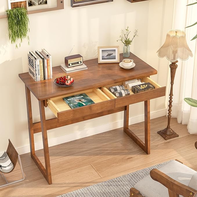 Solid Wooden Desk with Drawers - 39 x 18 Inch Narrow Desks for Small Spaces, Rubber Wood Study Table, Vintage Writing Desk with Drawers, Small Desks for Bedroom & Home - Walnut Color