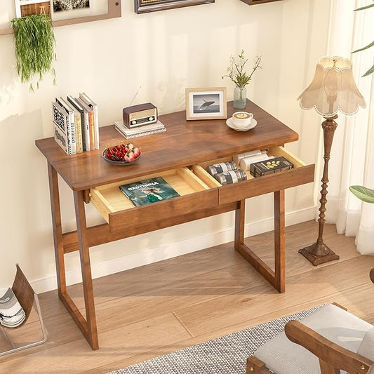100% Solid Wood Desk with Drawers - 39 x 18 Inch Vintage Narrow Desks, Mid Century Modern Desk, Small Writing Desks for Small Spaces|Bedroom, Living Room & Office - Walnut Color