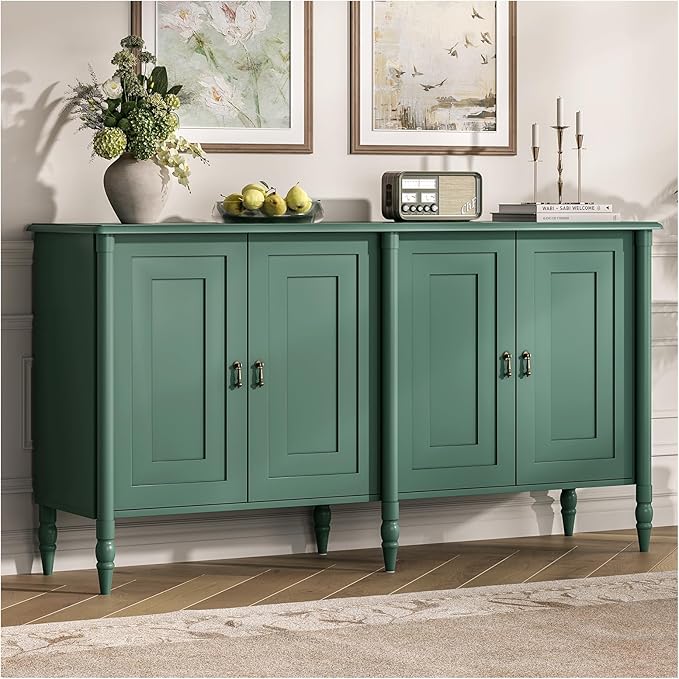 JOINICE 59" Sideboard Buffet Cabinet with Storage,Vintage Credenza with Adjustable Shelves & Solid Wood Legs,Accent Cabinet for Living Room,Dining Room,Kitchen,Bar,Entryway,Hallway,TV Console,Green