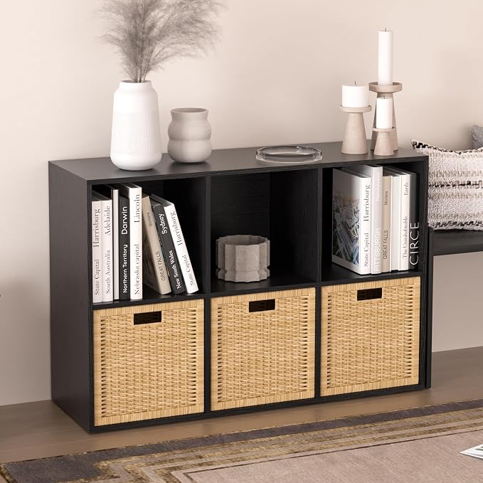 Wooden 6 Cube Storage Organizer with Closed Back Panel,Black Cube Shelf Cubby Storage Organizers with Compartments for Living,Bookshelf,Organizers Easy to Install (Black, 6 Cube)