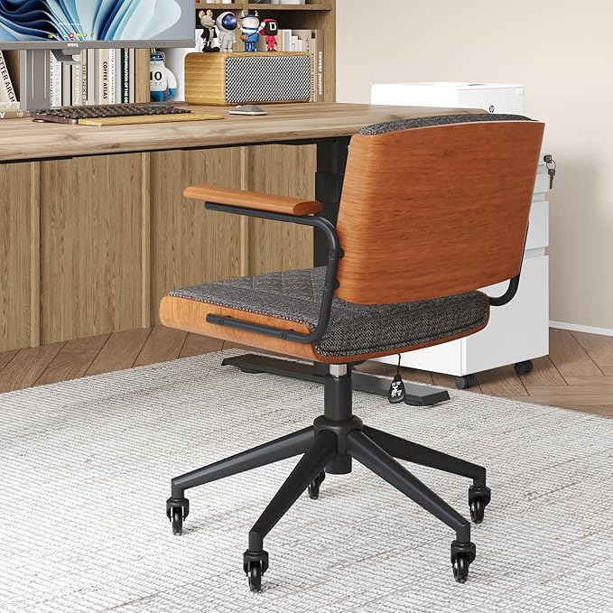 Ergonomic Office Chair with Rubber Wheels & Walnut Arms - Mid-Back Desk Chair, Adjustable Height, Bentwood Backrest | Swivel Rocking Design for Home Office, Meeting Room, Study