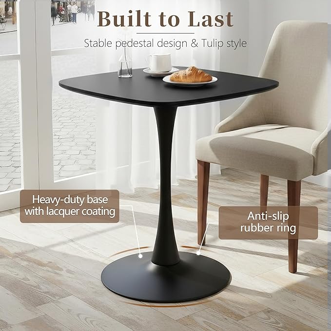 Black Square Dining Table,24" Tulip Table with Metal Pedestal,15-Minute Quick Assembly,Mid Century Modern Leisure Table for Kitchen Small Places Cafe (Black)