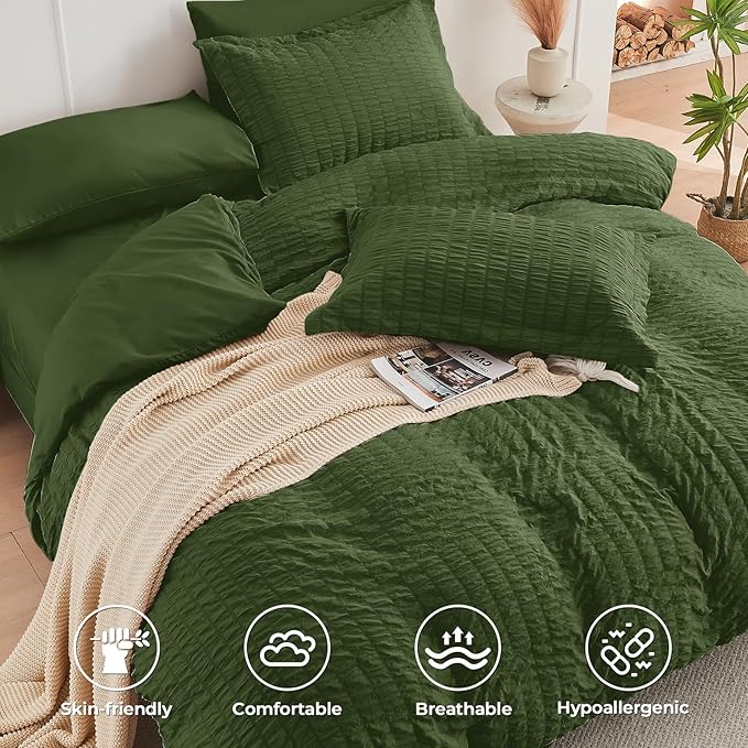 HYMOKEGE Olive Green California King Comforter Set Seersucker 7 Pieces, All Season Luxury Bed in a Bag for Bedroom, Bedding Set with Comforter, Sheets, Pillowcases & Shams