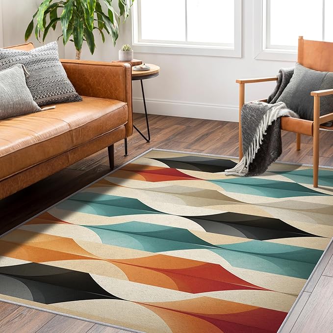 Geometric Rugs for Bedroom - Washable Mid Century Modern Rugs for Living Room - 5x8 ft - Abstract MCM Design Area Rug & Home Decor - Colorful Indoor Carpet with Non Slip Backing