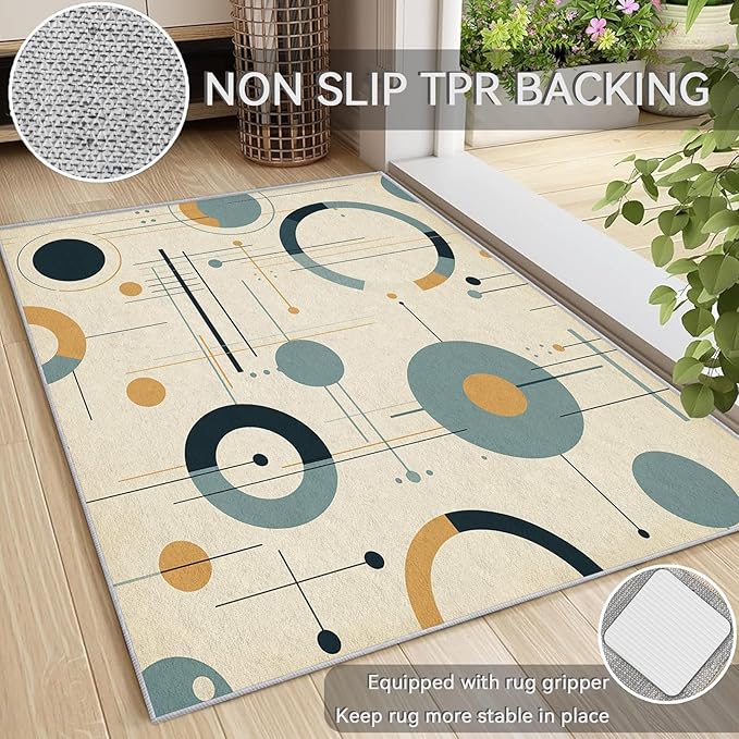 Mid Century Rugs for Living Room 8x8, Retro 50s Geometric Abstract Modern Pattern Design Area Rug, Mid Century Bedroom Decor Carpet, Non Slip, Washable (RG407)