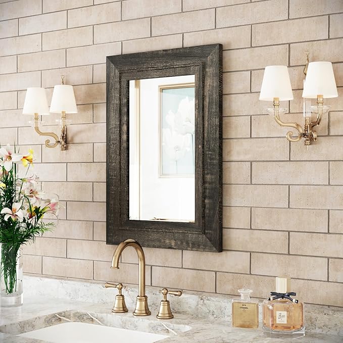 Rustic Wall-Mounted Vanity Mirror, Solid Wood Frame Bathroom Mirror, Farmhouse Style for Living Room, Bedroom, Entryway, Horizontal/Vertical Hanging