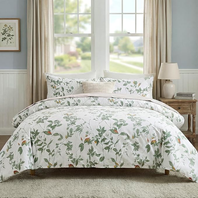 Floral Duvet Cover King Size 100% Cotton Reversible Green Floral Duvet Cover Set with Zipper Closure 3 Pcs Green Leaf Soft & Breathable Bedding Comforter Cover