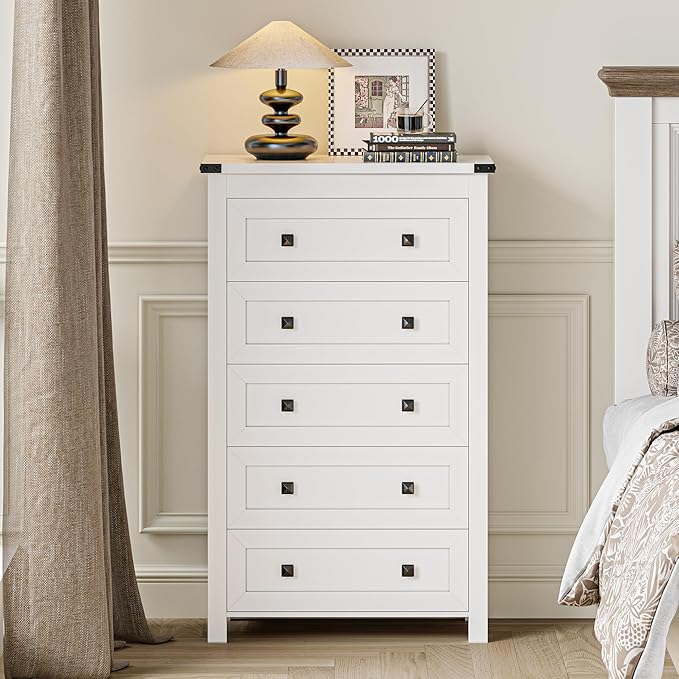 White Dresser Tall 5 Drawer Dresser for Bedroom, Wood Chest of Drawers with Metal Handles, Modern Storage Cabinet and Organizer Drawers for Living Room, Hallway