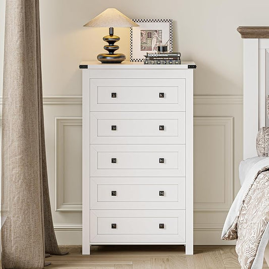 White Dresser Tall 5 Drawer Dresser for Bedroom, Wood Chest of Drawers with Metal Handles, Modern Storage Cabinet and Organizer Drawers for Living Room, Hallway