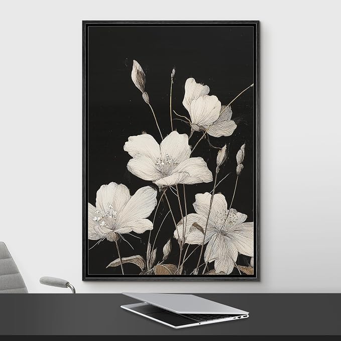 Woodrose Framed Canvas Print Wall Art Delicate White Flowers Elegant Botanical Line Illustrations Modern Art Minimalist 3D Colorful Ultra for Living Room, Bedroom, Office - 24"x36" BLACK