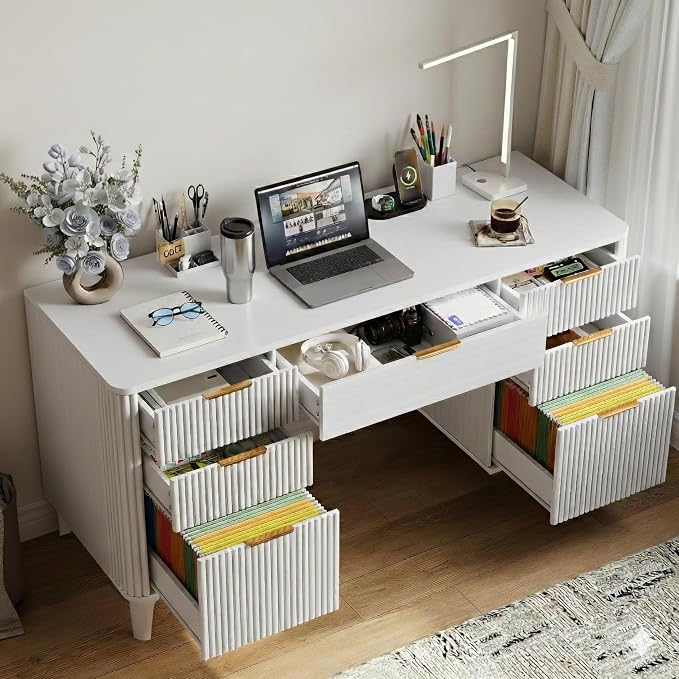 White Desk with Drawers, 55" Fluted Executive Desk with Storage Cabinet, Wood Home Office Desk with File Cabinet, Modern Computer Writing Desk for Study, Living Room, Bedroom