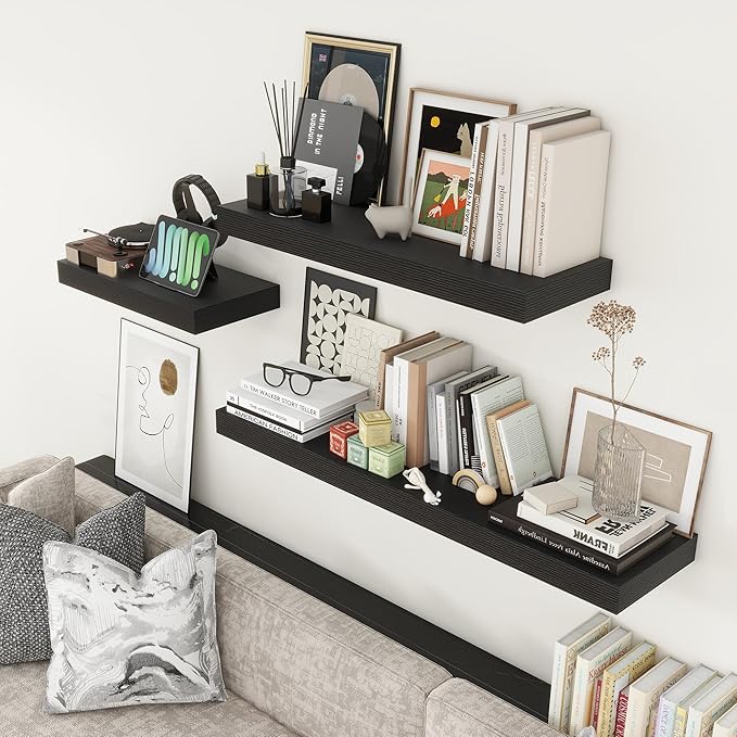 Deep Floating Shelves | 24 Inch Black Floating Shelves Set of 2 | 12 Inch Deep Rustic Wood Shelves for Wall | 24" W x 12" D Black Shelves for Living Room Bathroom Laundry Room Kitchen