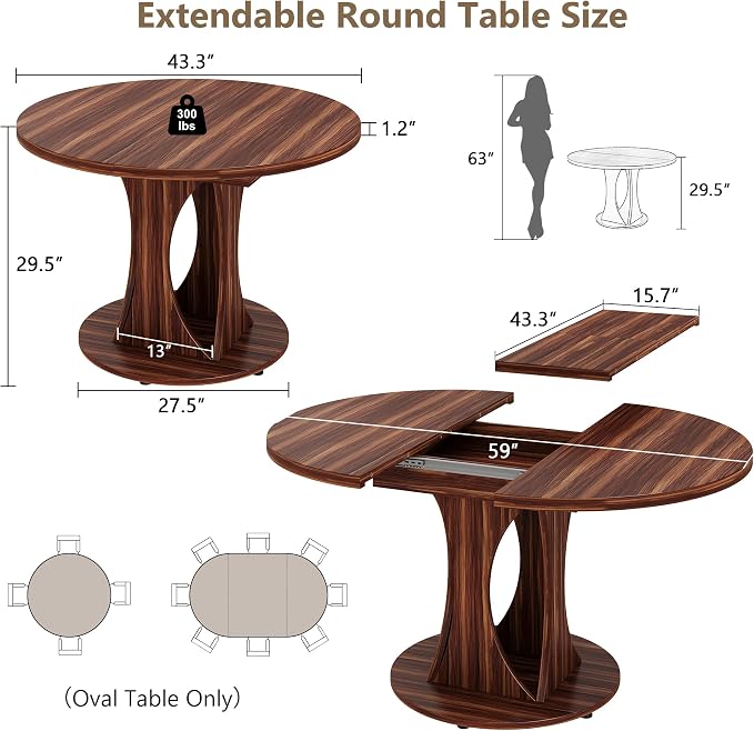 Einhomn 59" Extendable Round Dining Table for 6-8, Kitchen Table with Sturdy Double Arc Base & Backboard Clasp Desktop, Mid-Century Modern Dinner Table, Kitchen Dining Room, Space Saving, Walnut