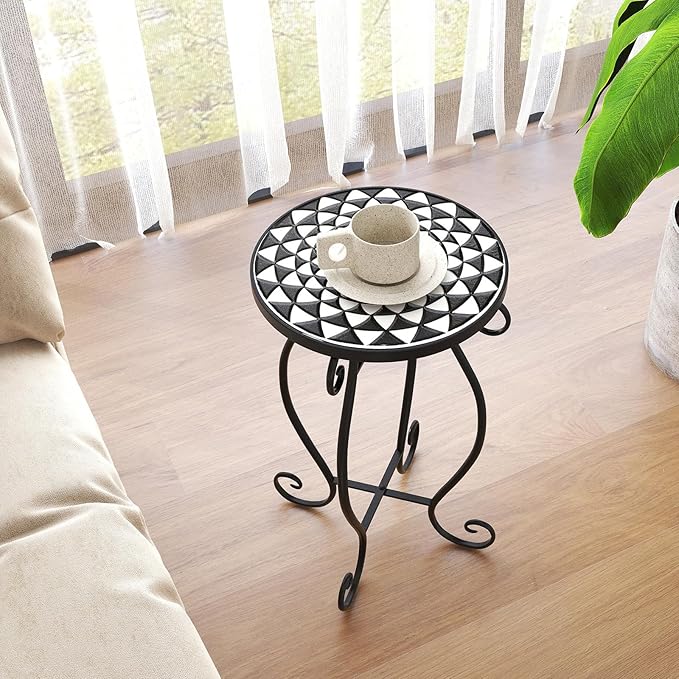 Giantex Outdoor Side Table, Mosaic Patio Table, 12 inch Accent Table Plant Stand Indoor, Ceramic Tile Top Metal Frame, Small End Table Porch Beach Patio Garden Balcony Poolside (Monochrome)