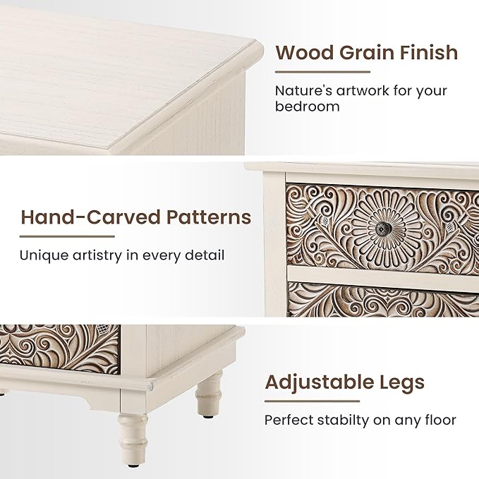 HOMPUS White Nightstand with Drawer & Storage, Fully-Assembled Flower Motif Night Stand for Small Spaces, 2 Drawer End Table with Storage for Living Room, Bedroom, Distress White