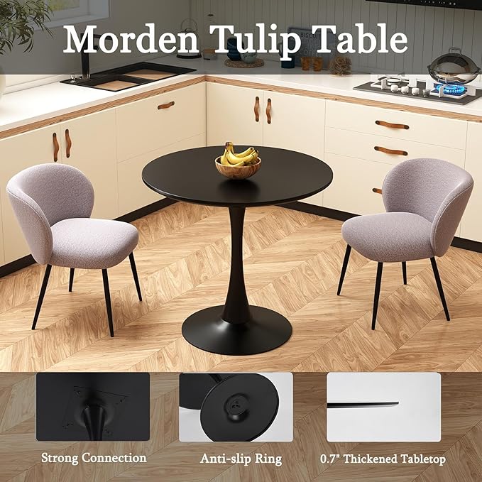 Tulip Round Dining Table 31.5" Black Round Kitchen Dining Table for 2-4 People, with 0.7" MDF Tables Top and Metal Pedestal Base Dinner Tables for Cafe, Home, Dining Room