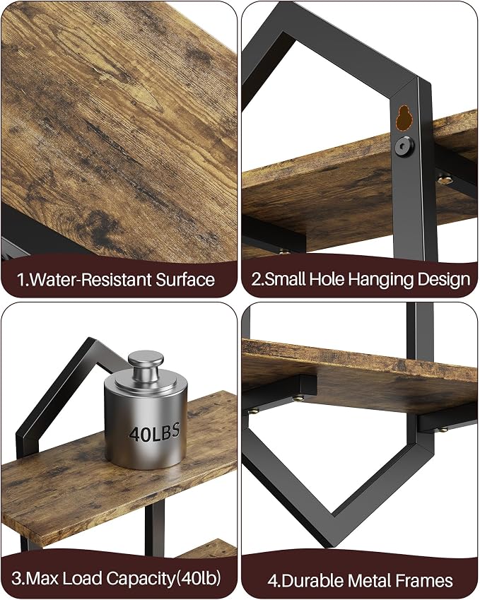 Floating Shelves, Set of 2 Wall Shelf, Wall Mounted Decorative Shelves, 2-Tier Modern Geometric Hanging Storage Shelf for Living Room, Bedroom, Kitchen, Office, Study (Rustic Brown + Black)