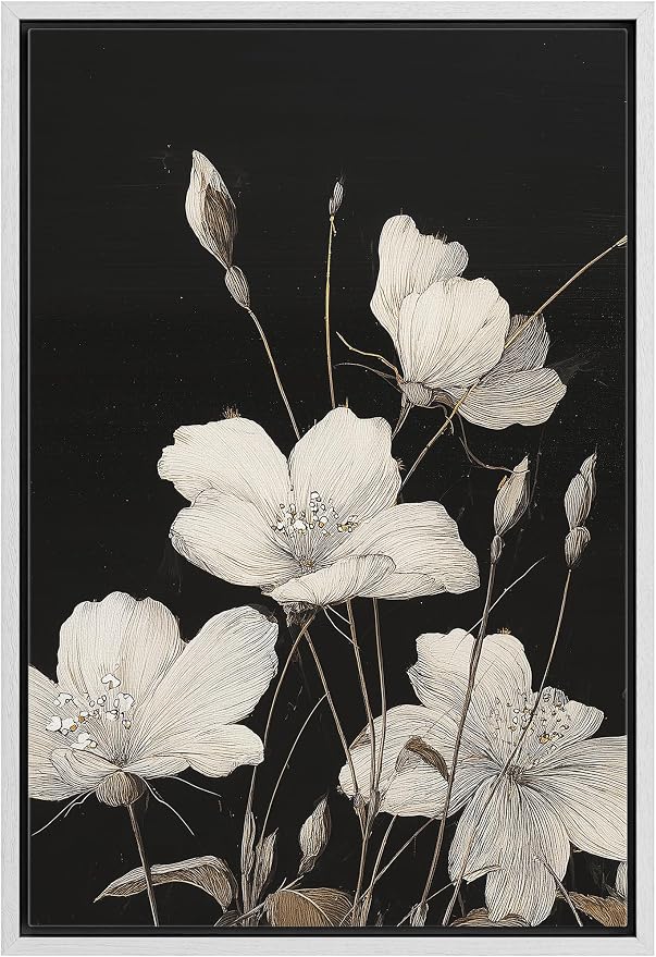 Woodrose Framed Canvas Print Wall Art Delicate White Flowers Elegant Botanical Line Illustrations Modern Art Minimalist 3D Colorful Ultra for Living Room, Bedroom, Office - 16"x24" WHITE