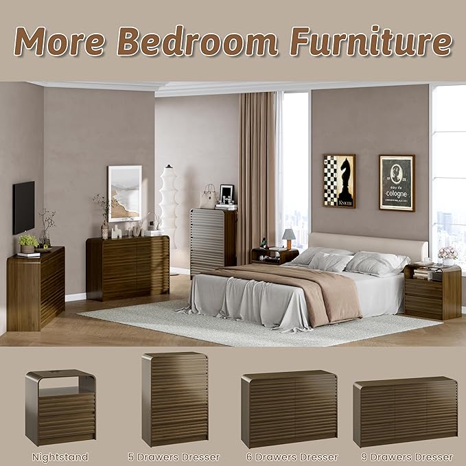 Fluted 5 Drawer Dresser for Bedroom, 45" Tall Wood Chests of Drawers with Curved Profile, Mid Century Modern Dresser with Large Storage & Hidden Handles for Living Room, Hallway, Walnut