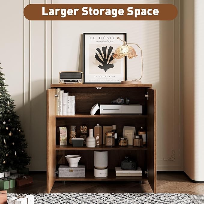 Rophefx Fluted Sideboard Cabinet, Buffet Cabinet with Storage, Credenza Storage Cabinets with Adjustable Shelf, Wood Entryway Cabinets with Pop-up Doors for Living Room, Entryway, Hallway, Walnut