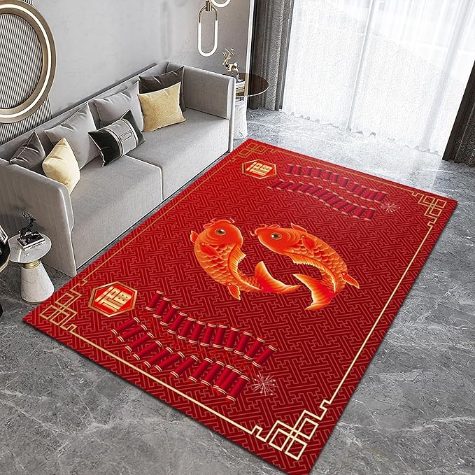 Classic Chinese New Year Art Area Rug, Abstract Firecracker Fish RedIndoor Rug, Soft Foldable Non Slip Breathable Foldable Carpets for Living Room Bedroom Entryway Hotel Office Kitchen 4x6ft