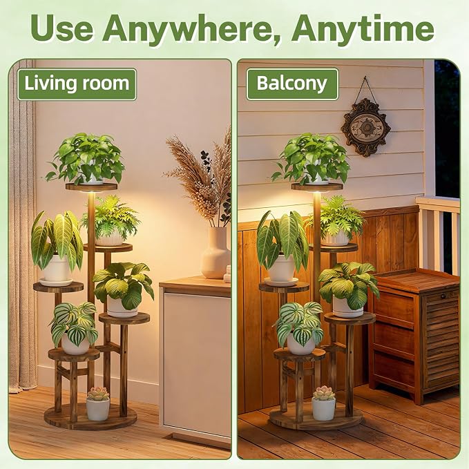 iDavosic.ly 5 Tier Plant Stand Indoor with Grow Light, Tiered Corner Wood Multiple Flower Holder Shelf, Tall Orchid Display Rack for Living Room Bedroom, Brown