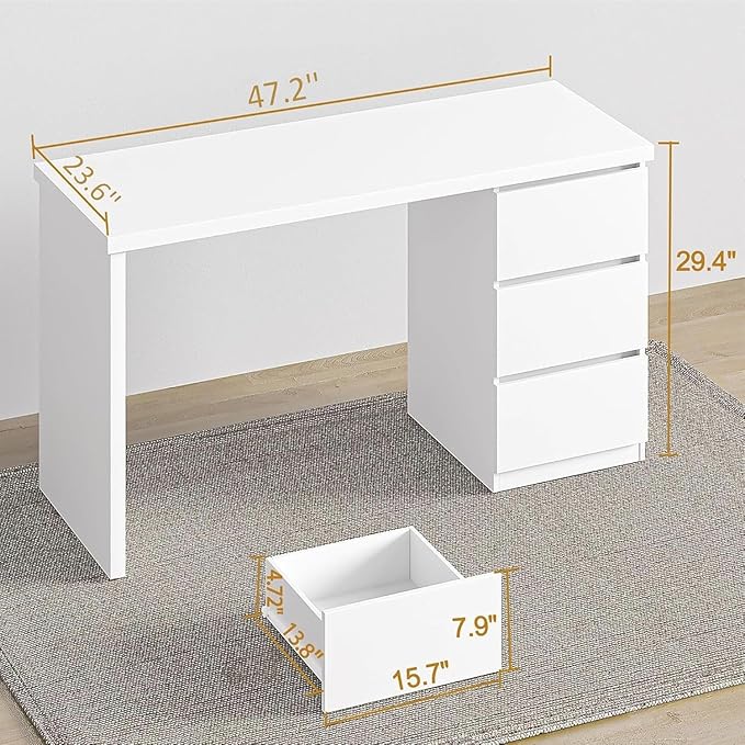 furtble White Desk with Drawers, 47'' W Home Office Desk Gaming Table, Modern Vanity Desk with Storage, Wood Computer Desk Writing Workstation for Bedroom, Living Room