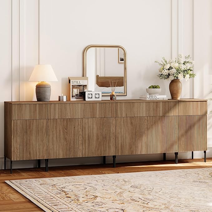 WAMPAT 94.5" Large Sideboard Buffet Cabinet with 4 Drawers & 5 Doors, 4-in-1 Fluted Storage Cabinet with Charging Station, Modern Buffet Table Coffee Bar Wine Bar Cabinet for Dining Room,Brown